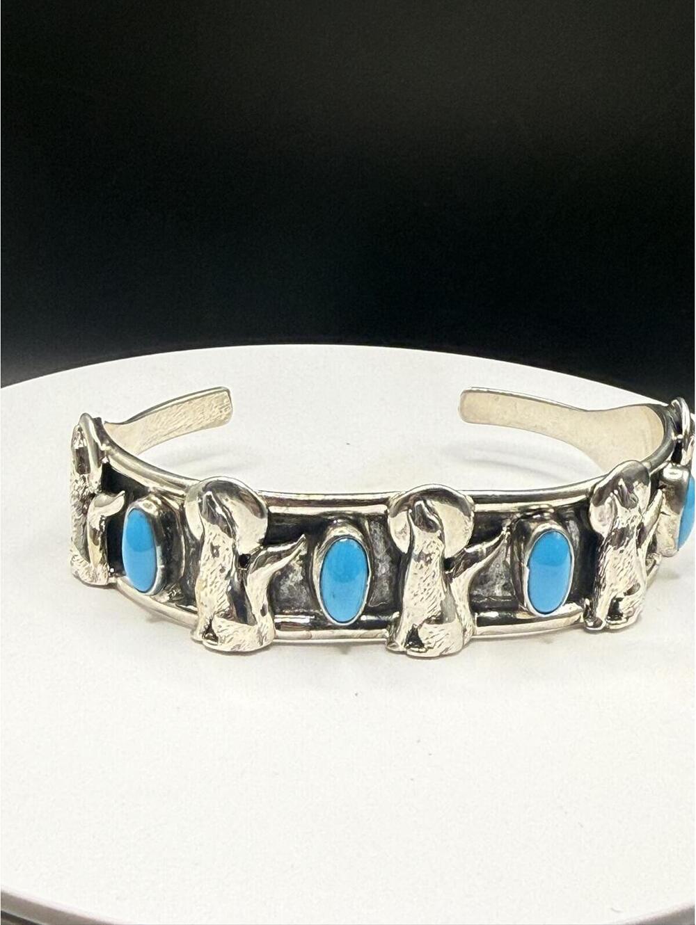 Navajo RB Running Bear Sterling Silver Howling Wolf Turquoise Cuff 27.5g